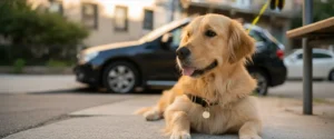 A dog on a pavement with a car in the background