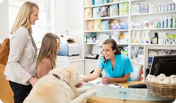 A dog at the vet counter